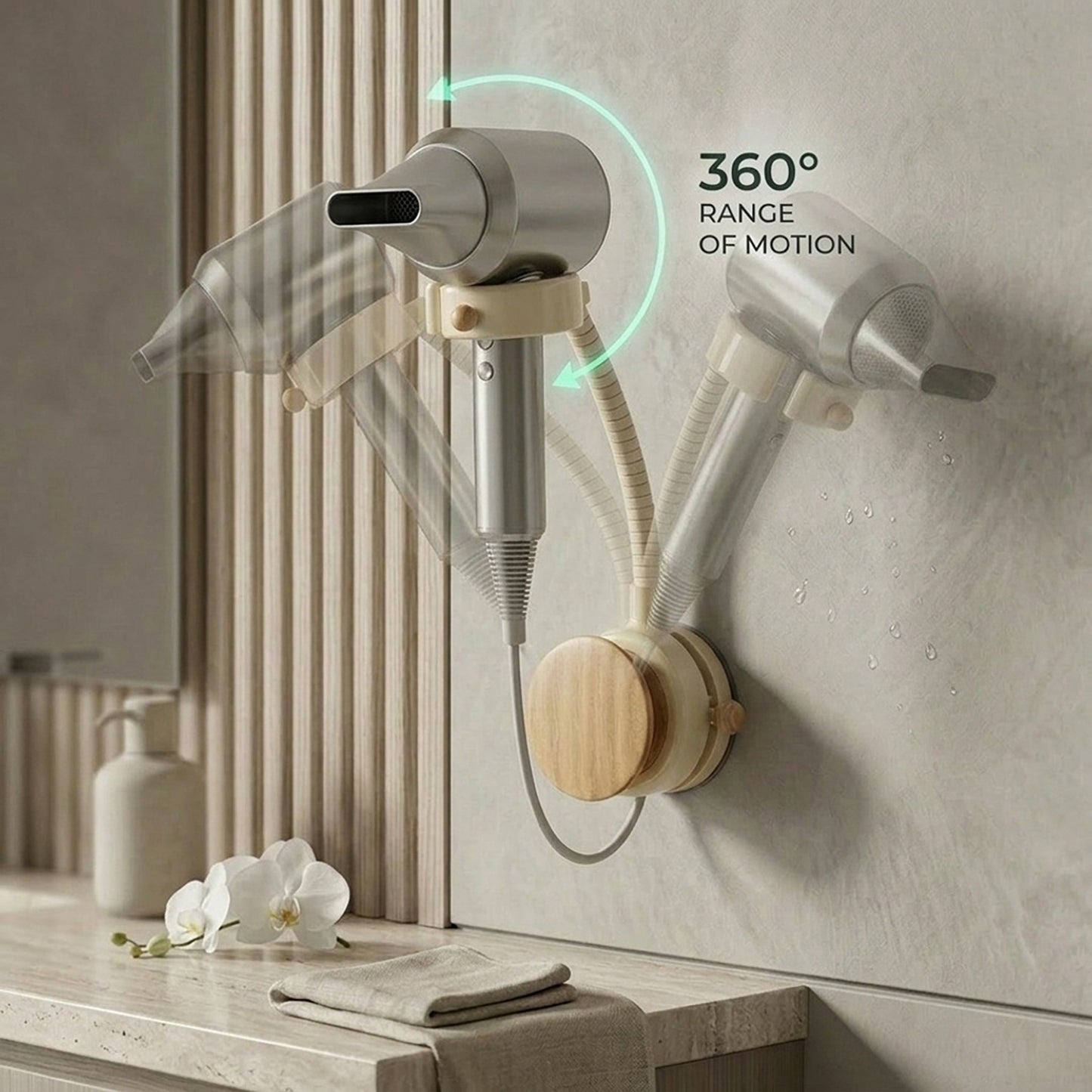 Adjustable Wall Mounted Hair Dryer Holder Flexible Arm 360 Degree Rotating Stand