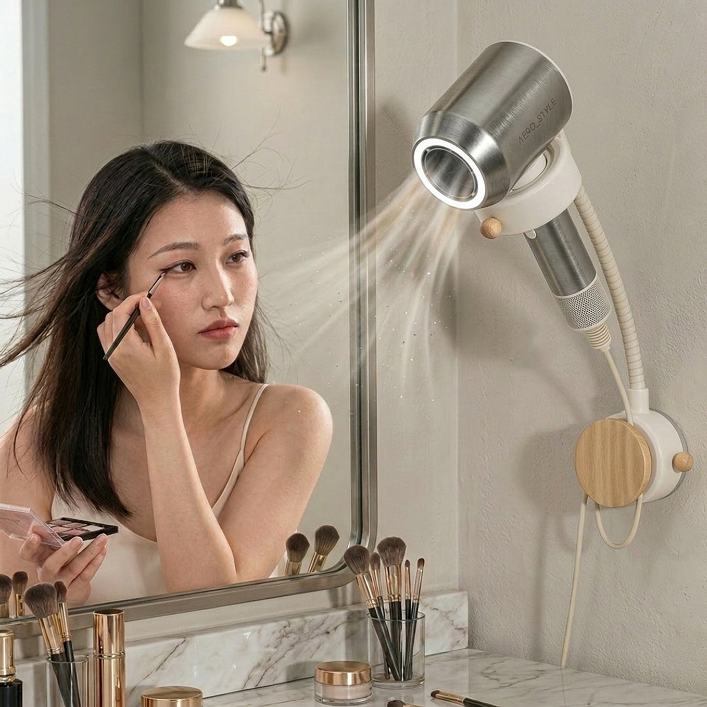 Adjustable Wall Mounted Hair Dryer Holder Flexible Arm 360 Degree Rotating Stand