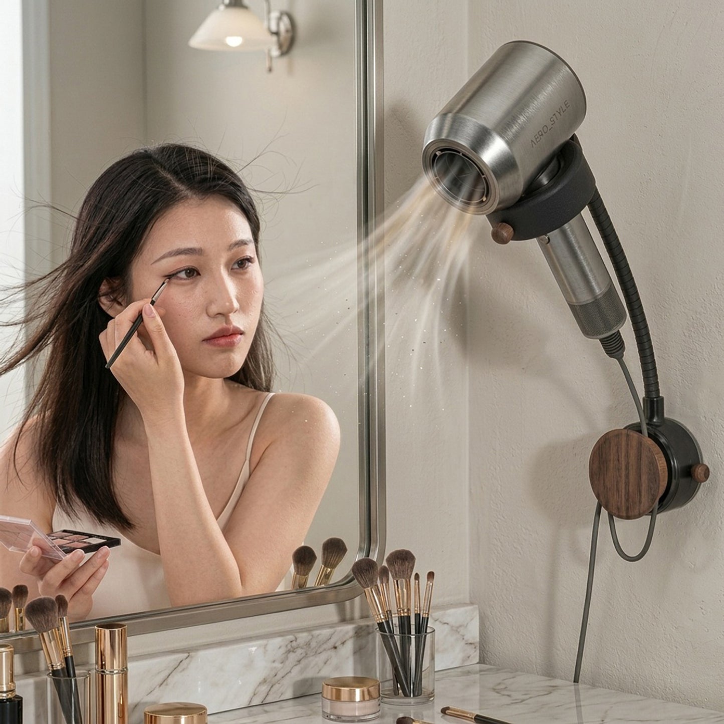 Adjustable Wall Mounted Hair Dryer Holder Flexible Arm 360 Degree Rotating Stand