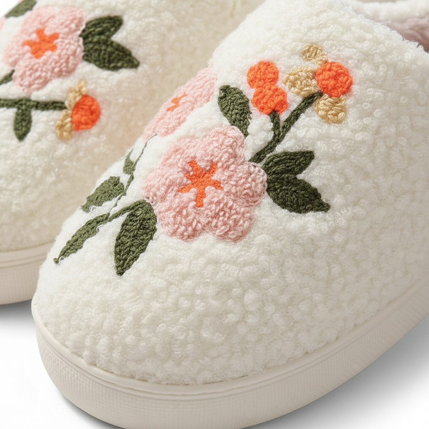 Sherpa Lined Closed Toe Slippers with Floral Embroidery