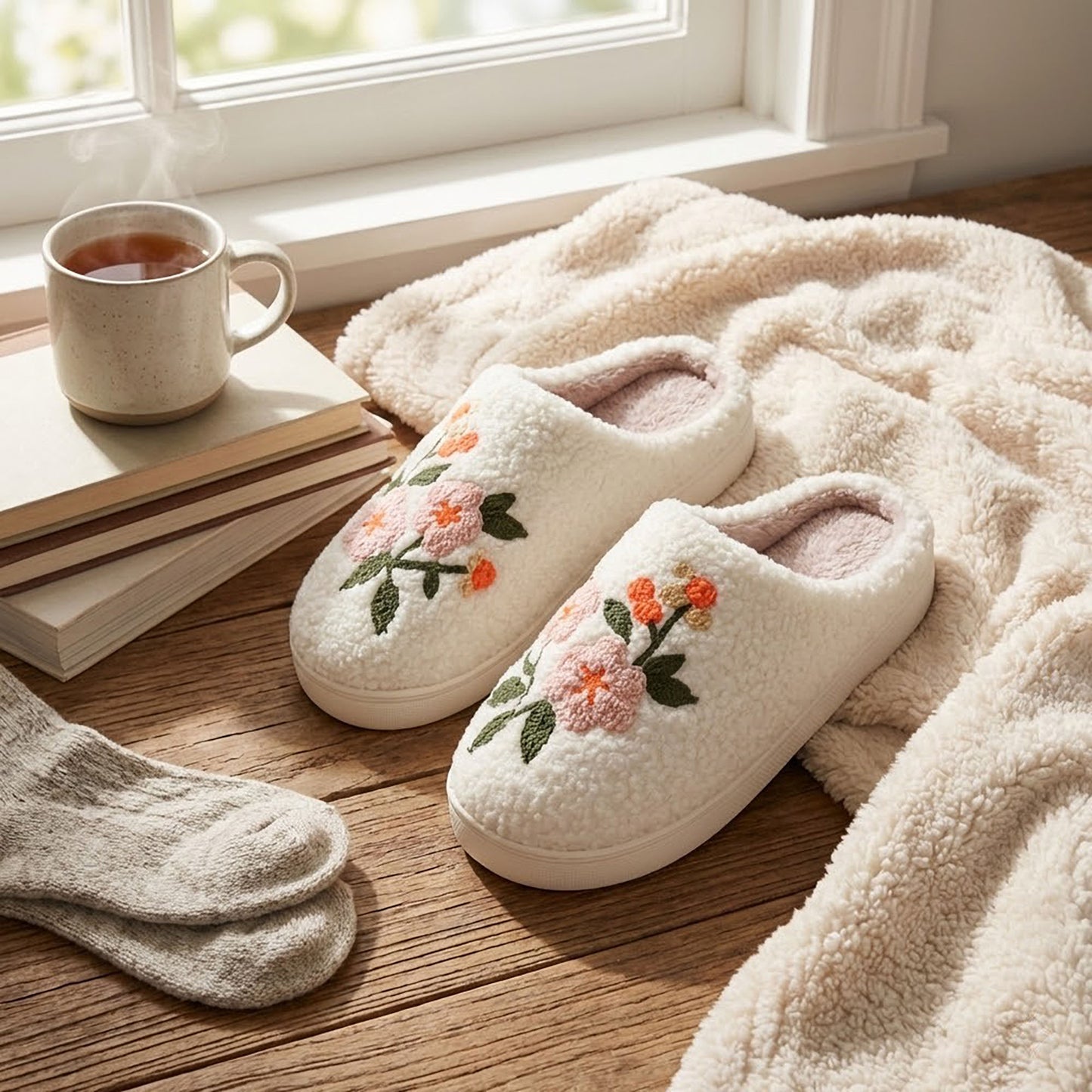 Sherpa Lined Closed Toe Slippers with Floral Embroidery