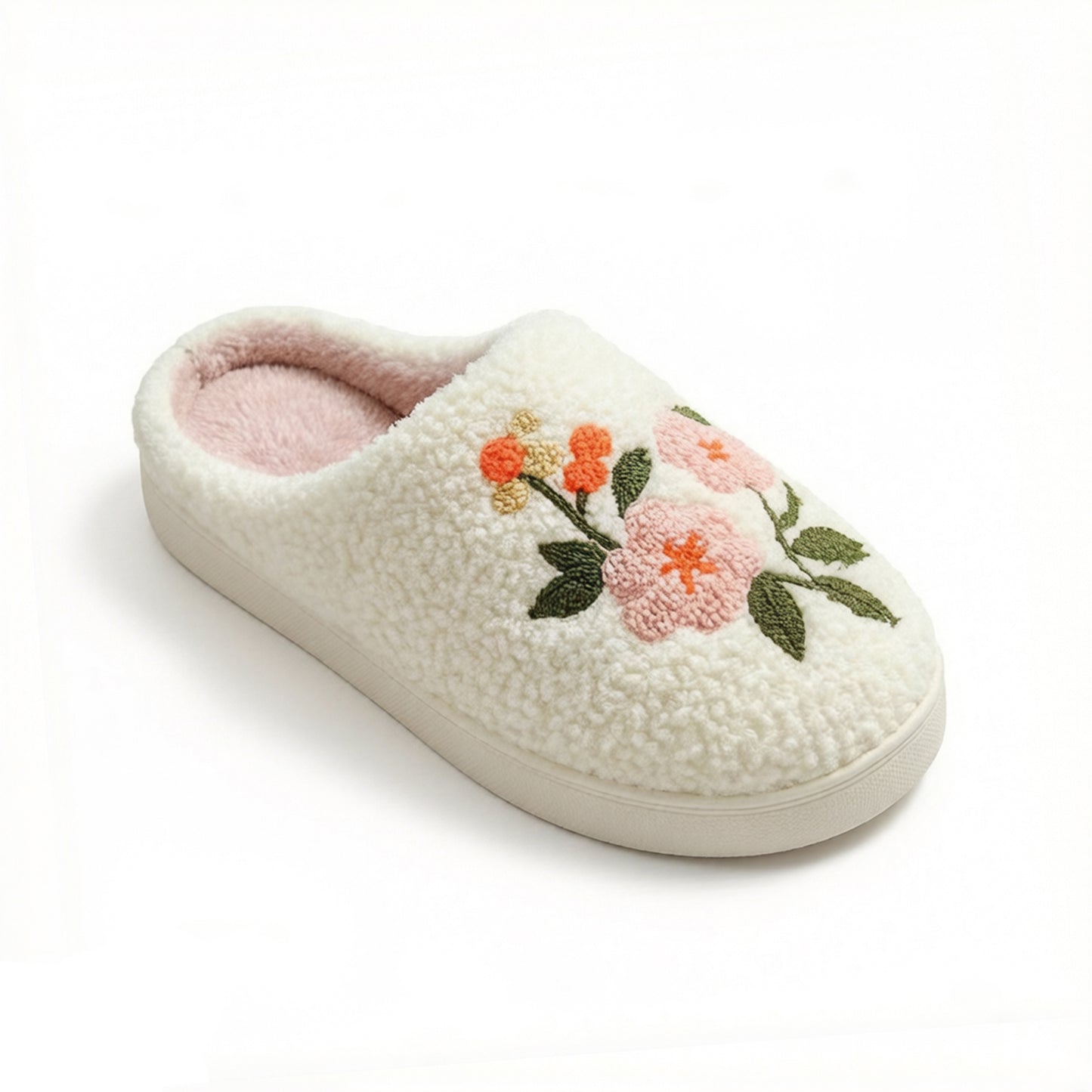 Sherpa Lined Closed Toe Slippers with Floral Embroidery