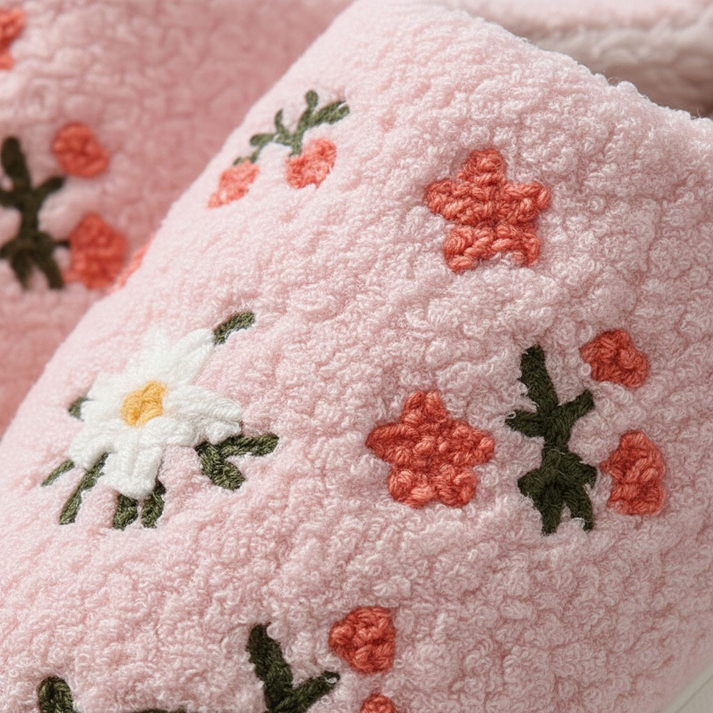 Sherpa Lined Closed Toe Slippers with Floral Embroidery