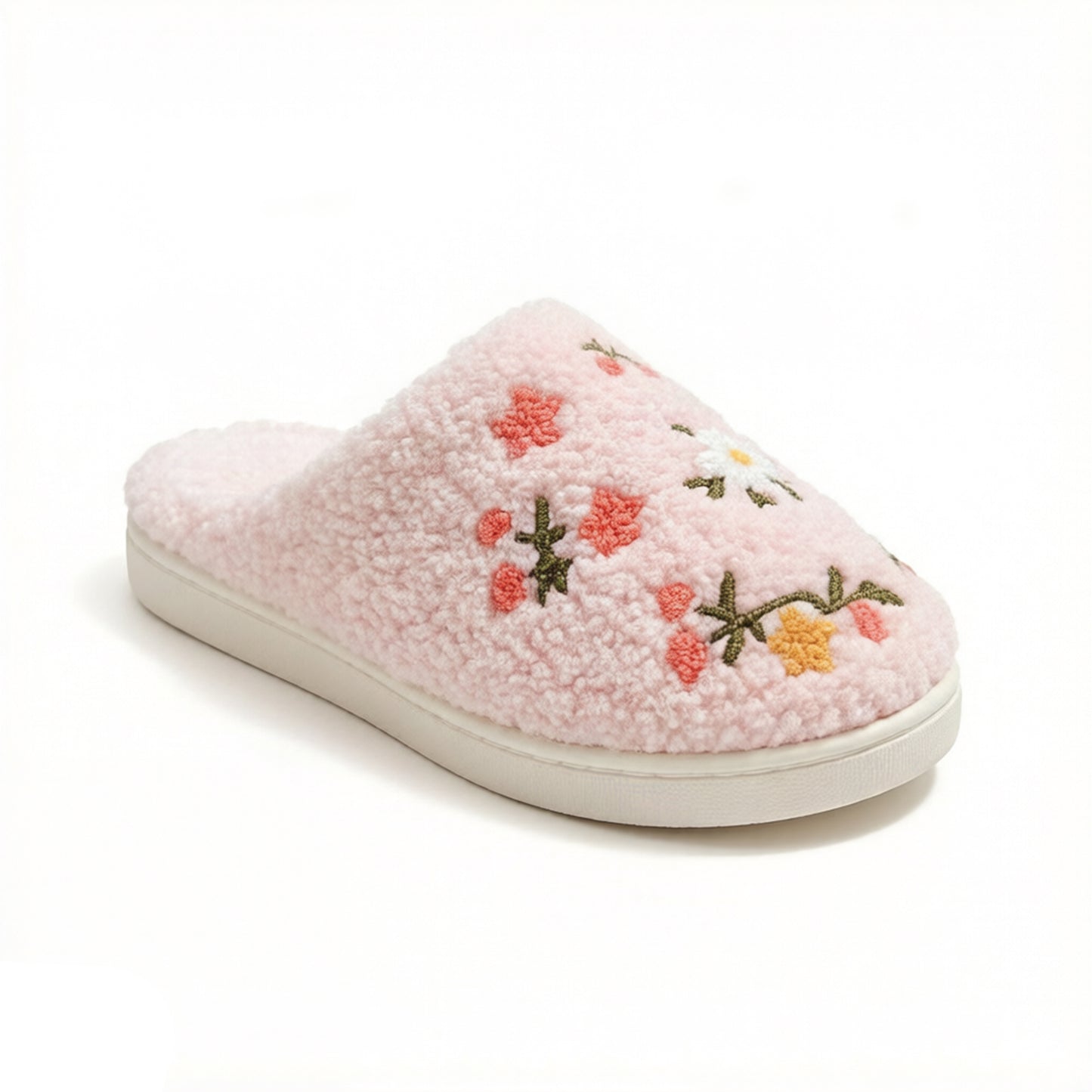 Sherpa Lined Closed Toe Slippers with Floral Embroidery