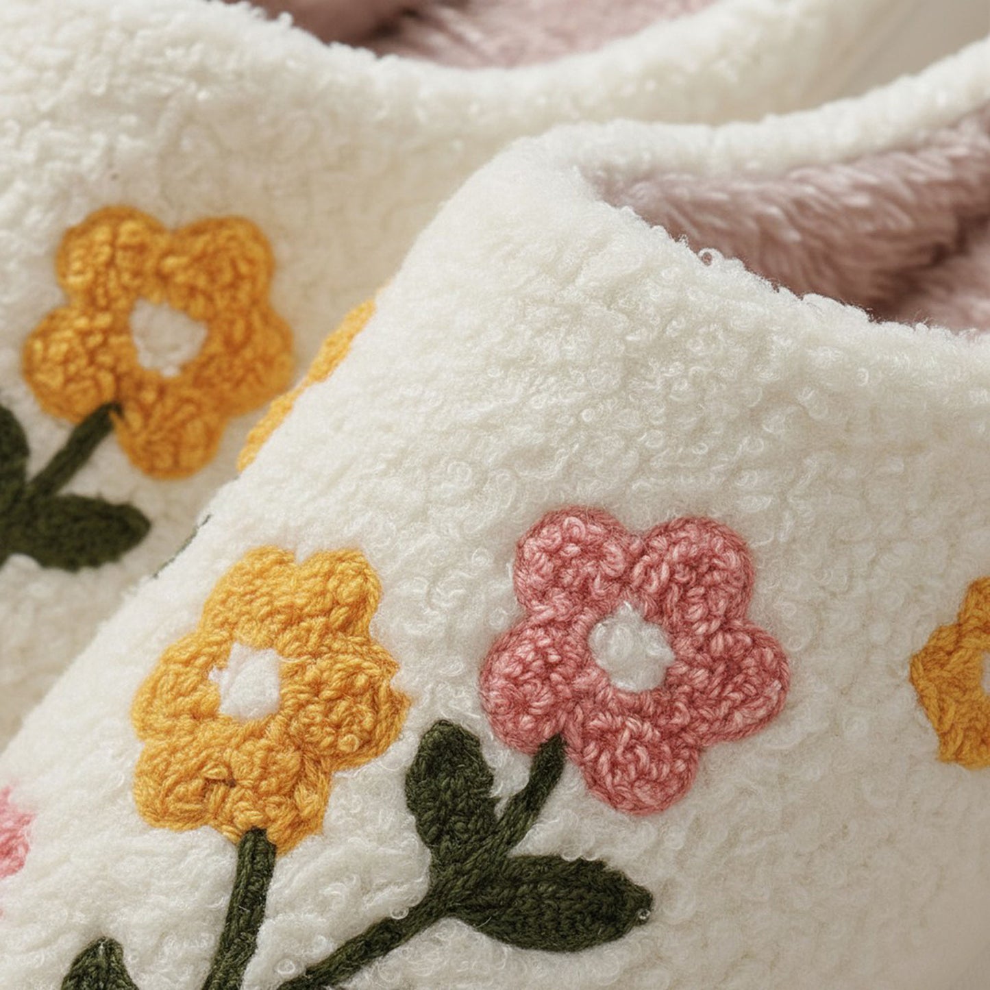 Sherpa Lined Closed Toe Slippers with Floral Embroidery