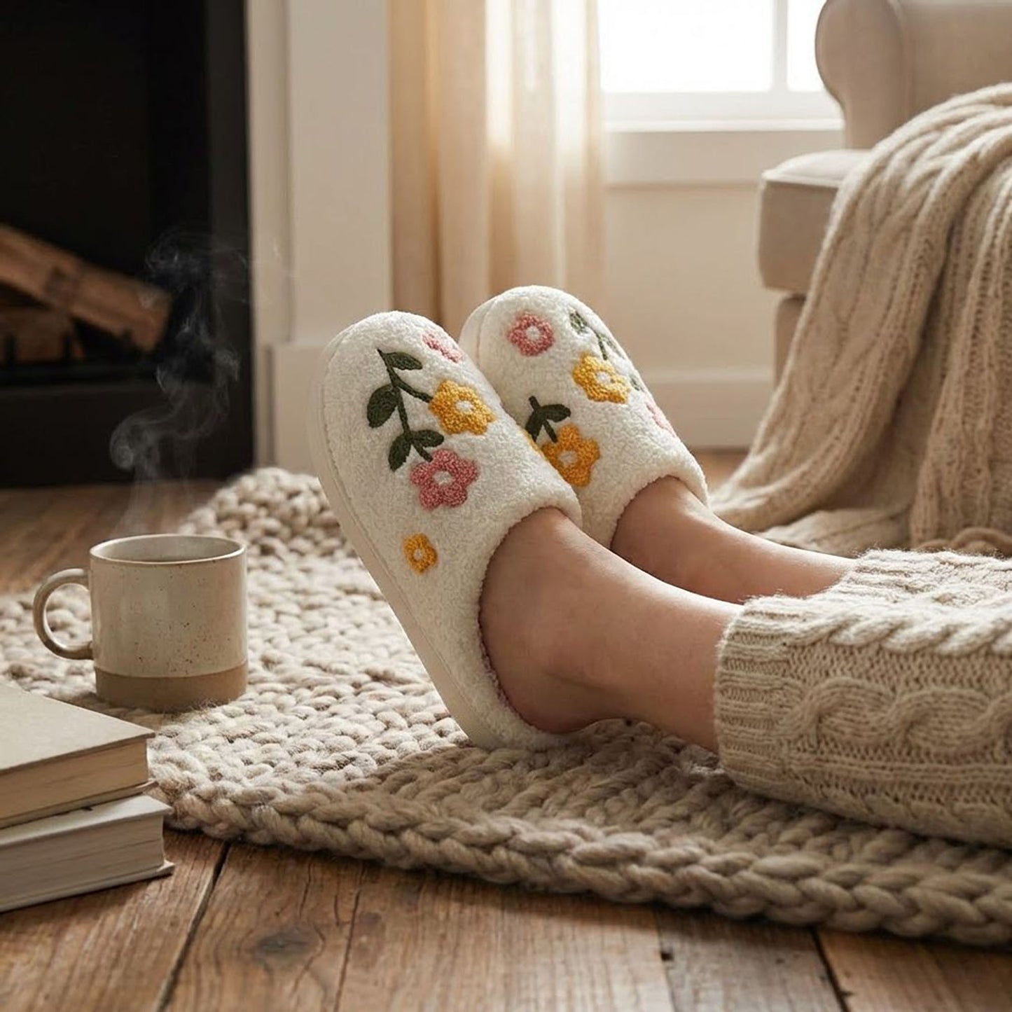 Sherpa Lined Closed Toe Slippers with Floral Embroidery