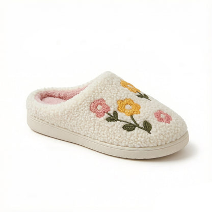 Sherpa Lined Closed Toe Slippers with Floral Embroidery