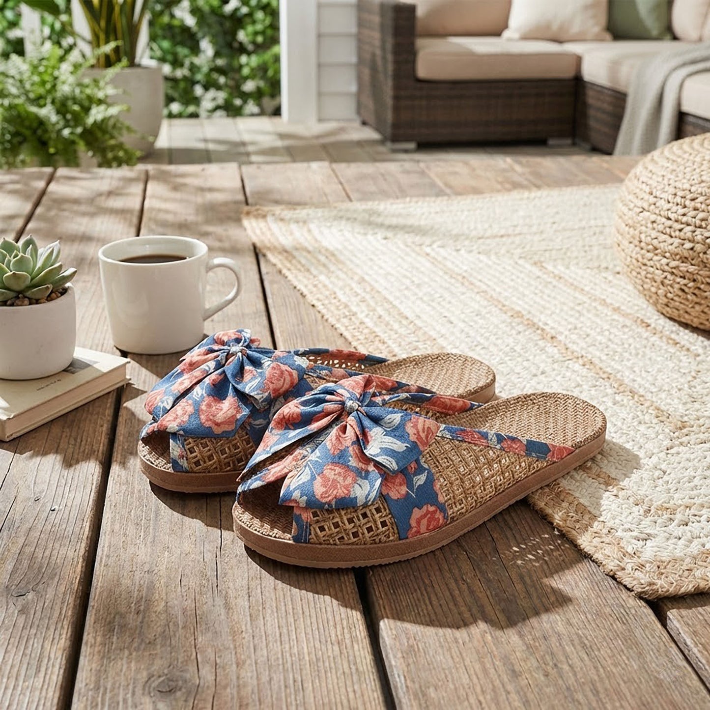 Woven Indoor Slippers with Floral Bow Detail