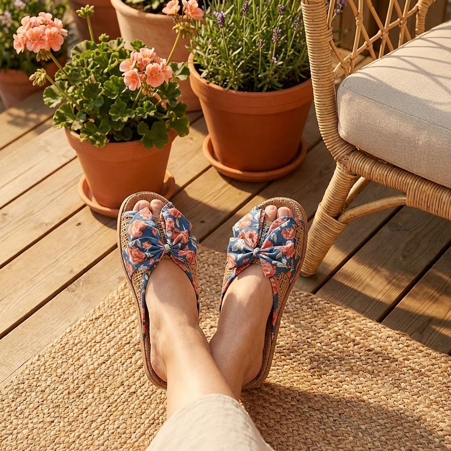 Woven Indoor Slippers with Floral Bow Detail