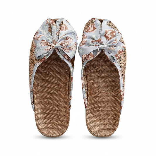 Woven Indoor Slippers with Floral Bow Detail