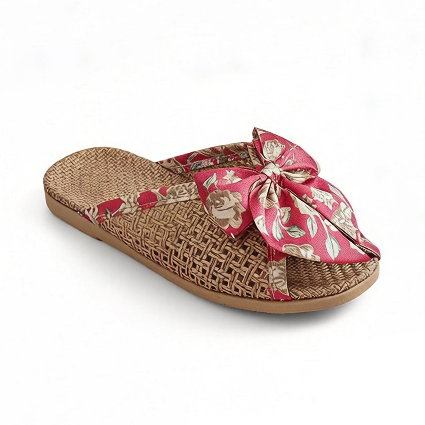 Woven Indoor Slippers with Floral Bow Detail