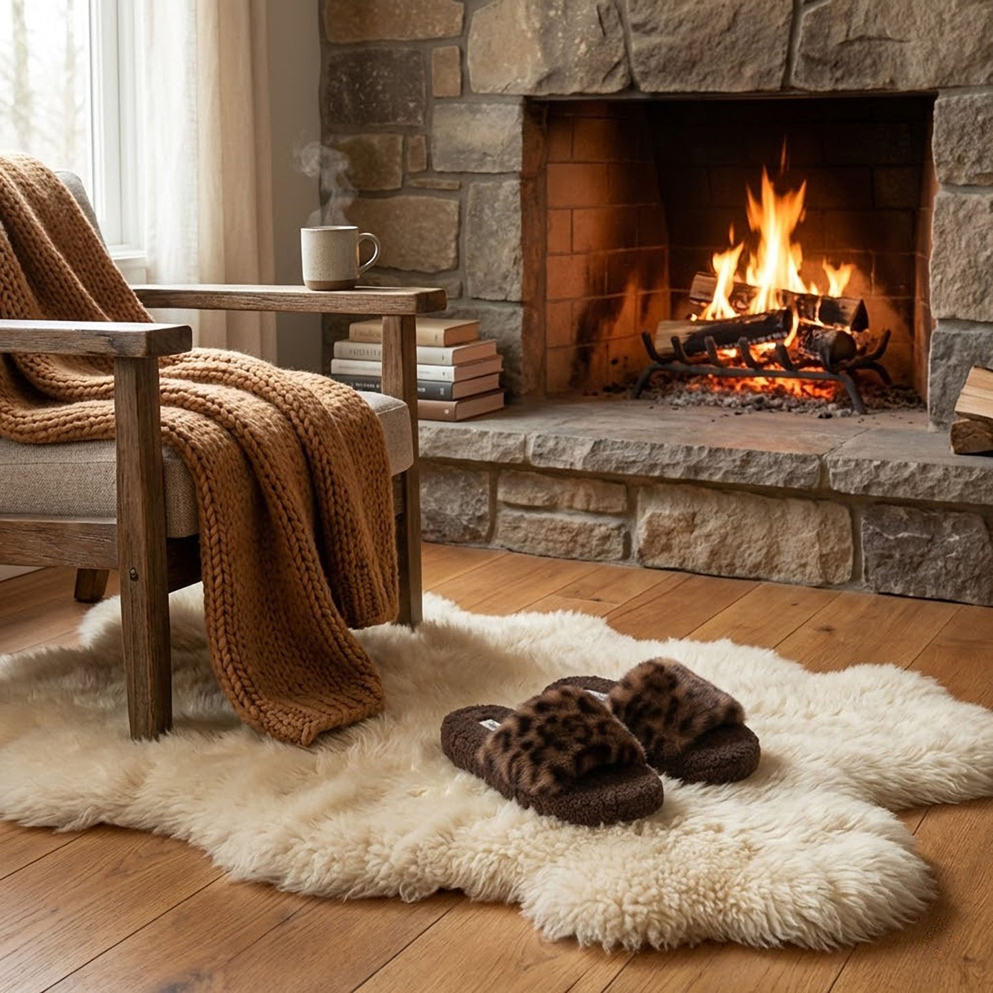 Leopard Faux Fur Slide Slippers with Plush Footbed