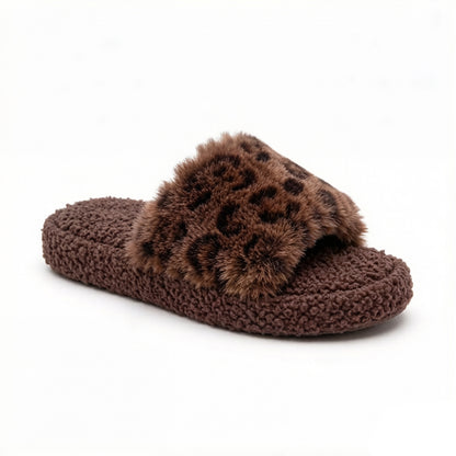 Leopard Faux Fur Slide Slippers with Plush Footbed