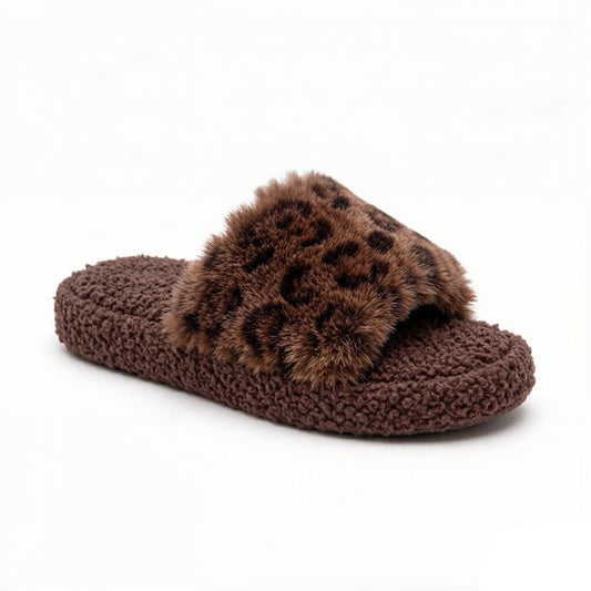 Leopard Faux Fur Slide Slippers with Plush Footbed