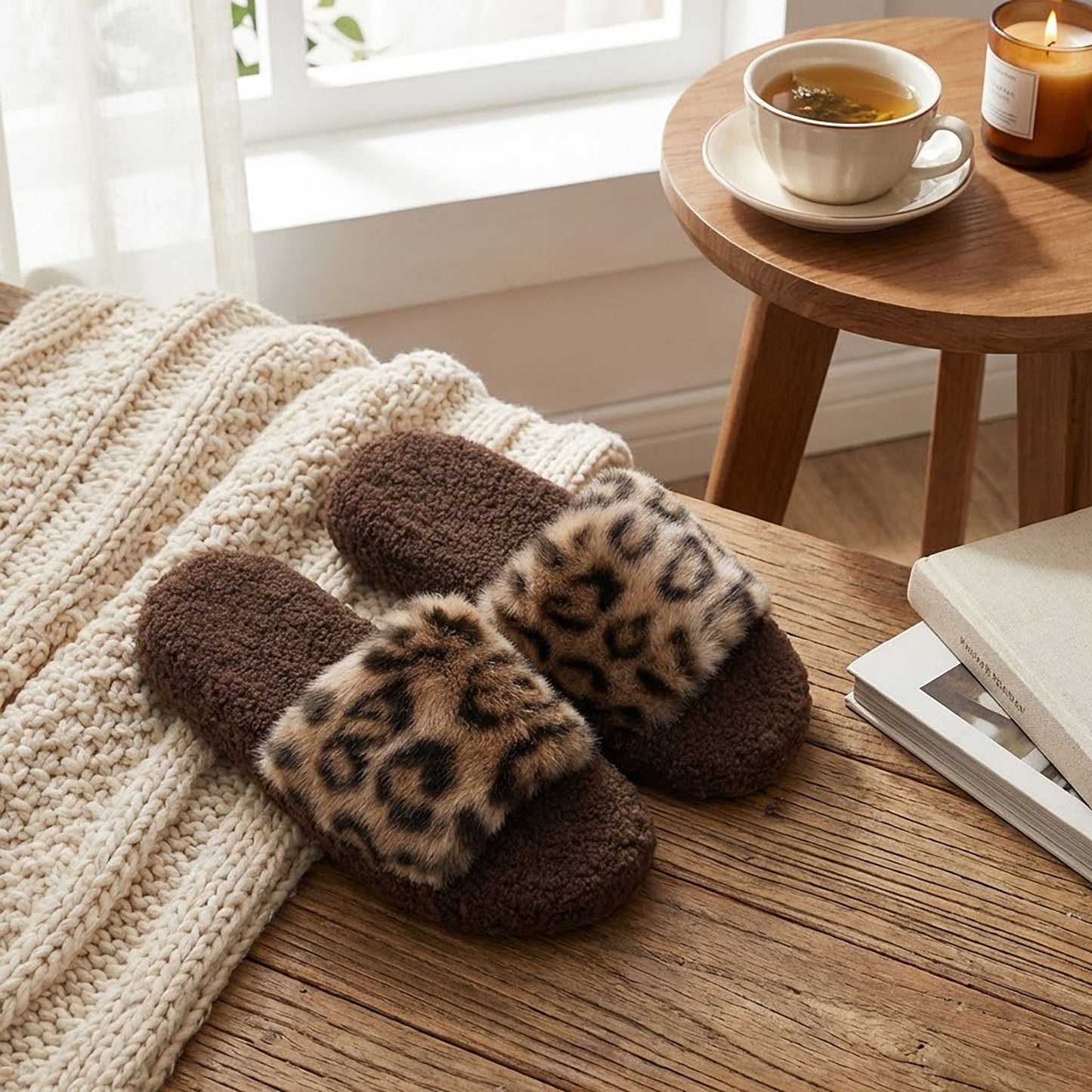 Leopard Faux Fur Slide Slippers with Plush Footbed