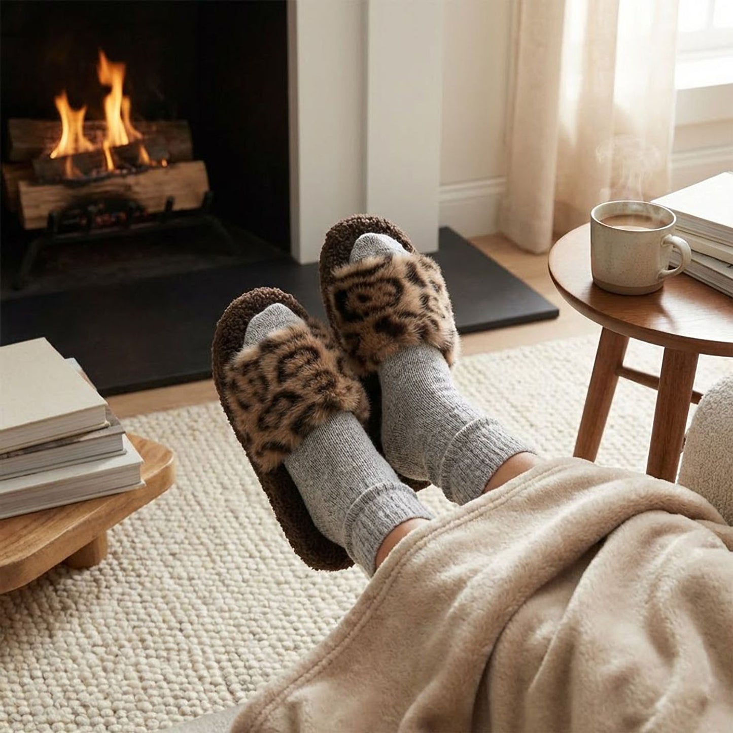 Leopard Faux Fur Slide Slippers with Plush Footbed