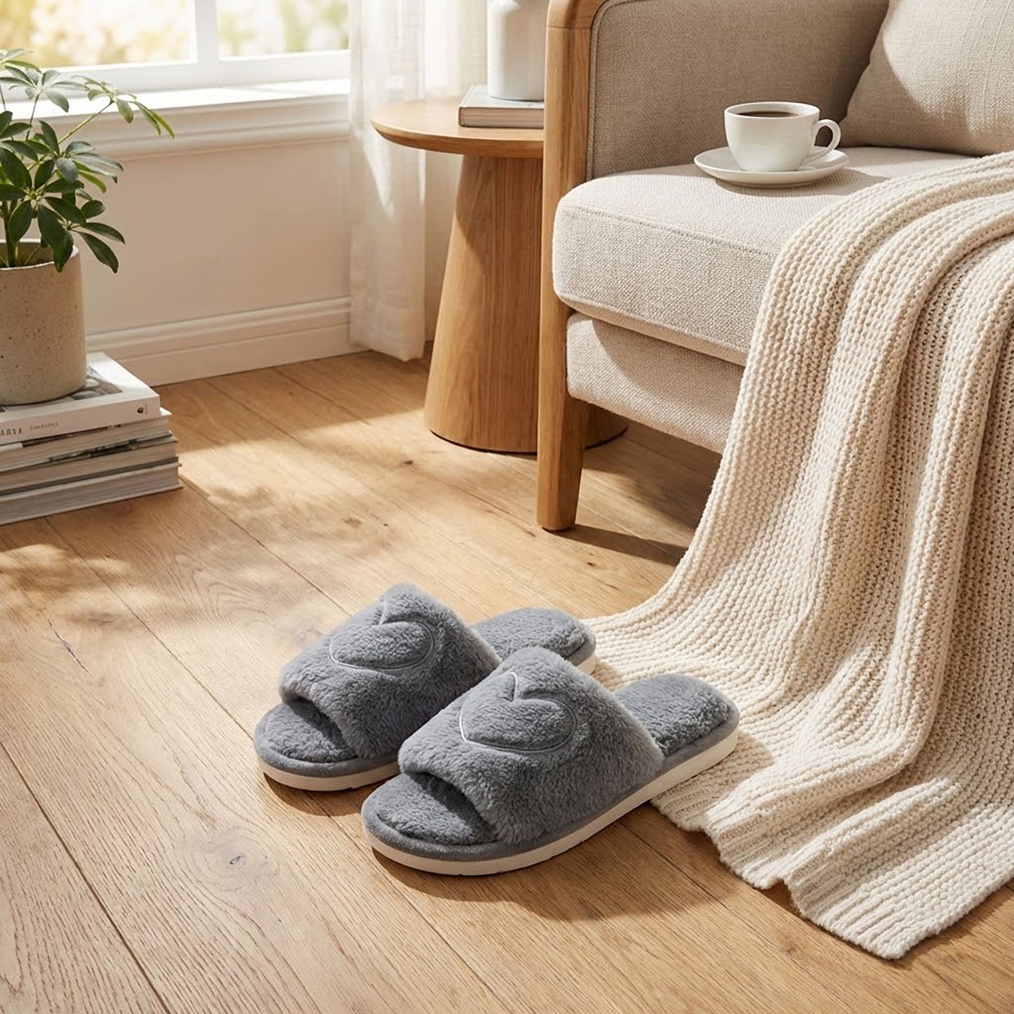 Plush Heart Detail Slide Slippers with Cushioned Sole