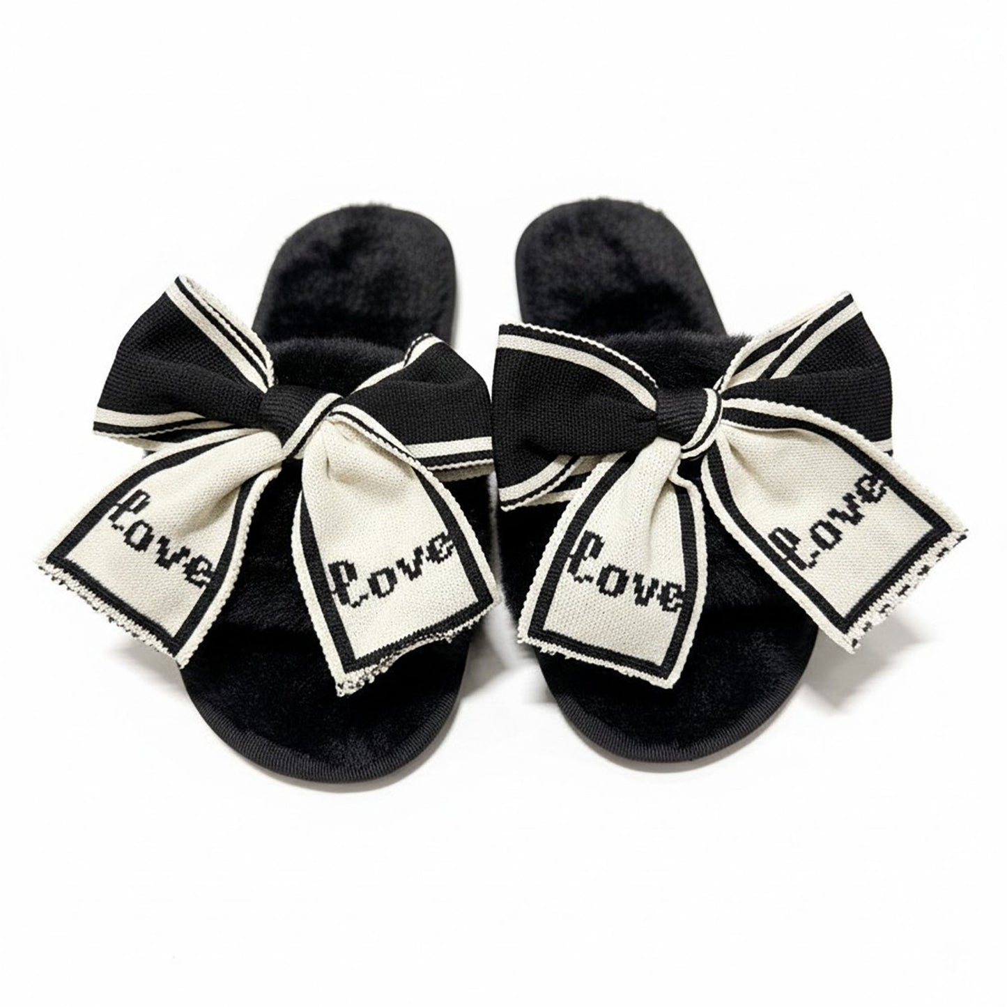 Plush Slide Slippers with Bow and Graphic Detail