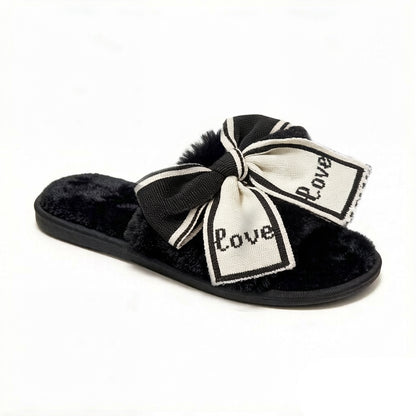 Plush Slide Slippers with Bow and Graphic Detail