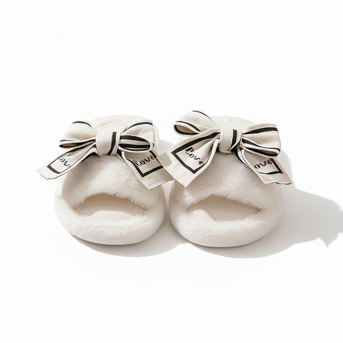Plush Slide Slippers with Bow and Graphic Detail