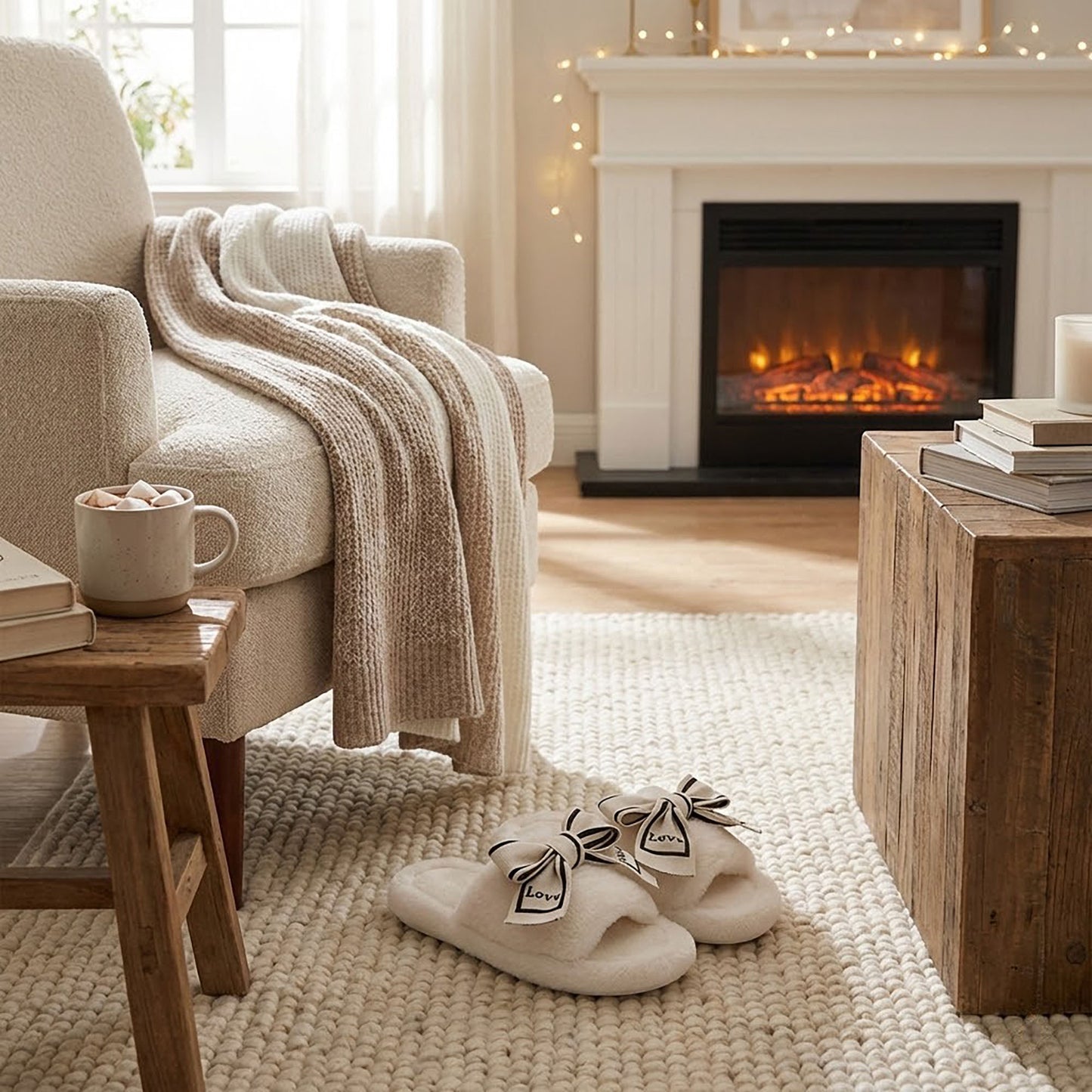 Plush Slide Slippers with Bow and Graphic Detail