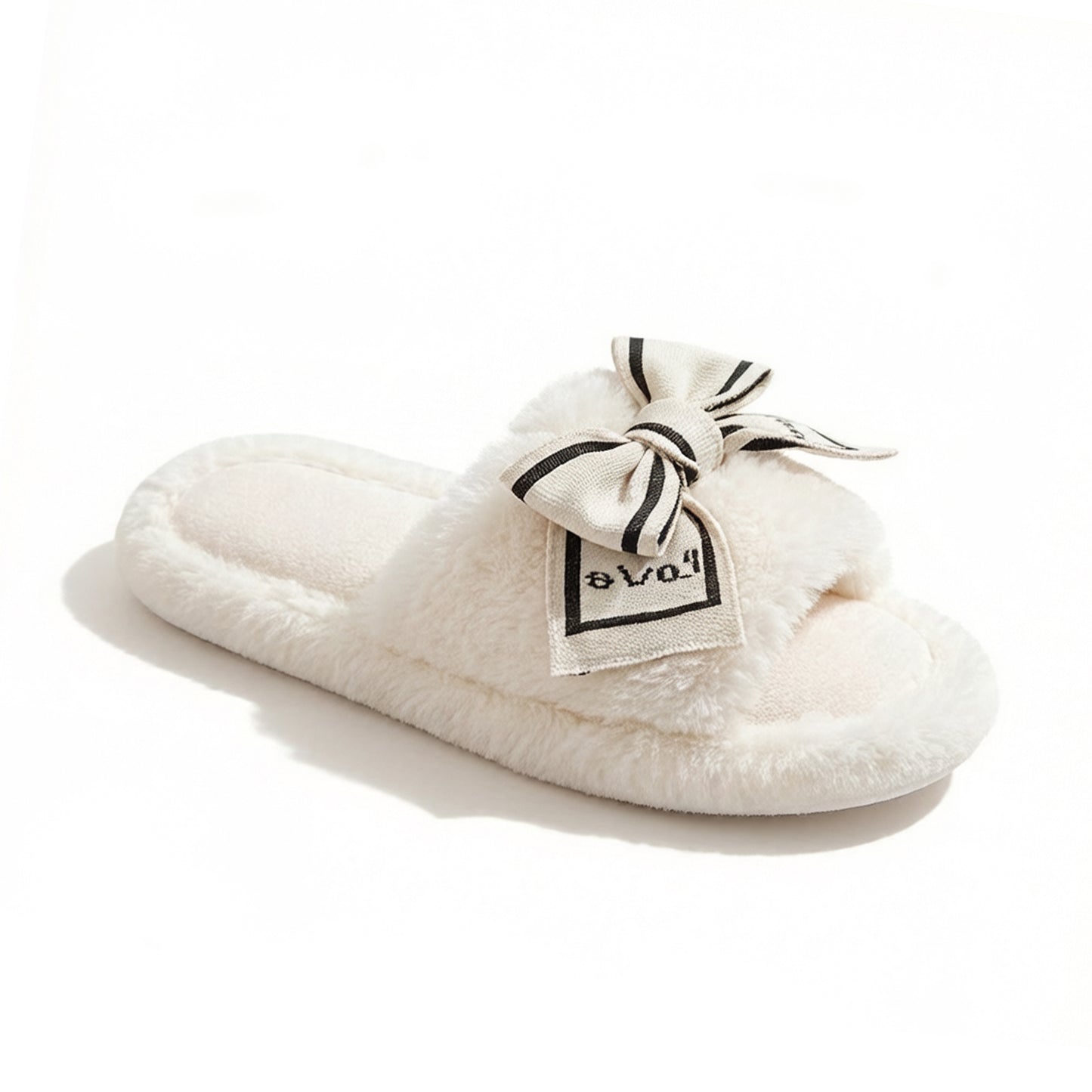 Plush Slide Slippers with Bow and Graphic Detail
