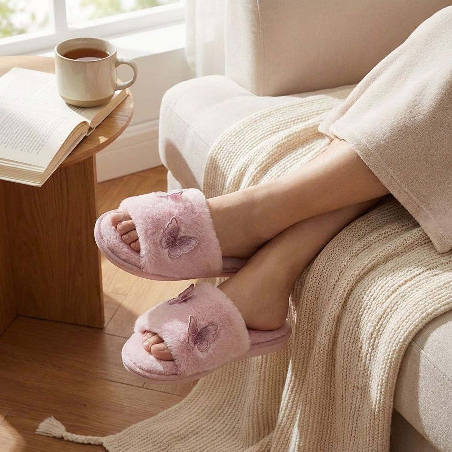 Plush Slide Slippers with Embroidered Butterfly Detail