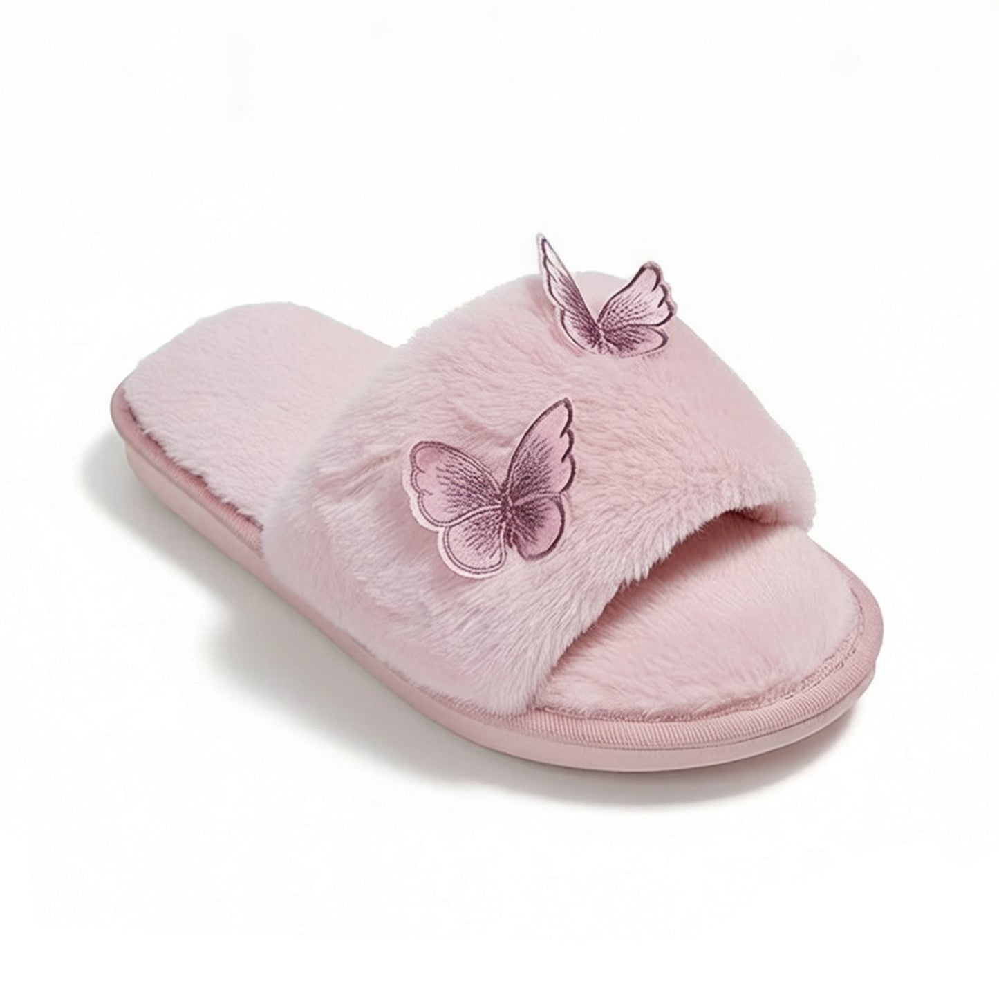 Plush Slide Slippers with Embroidered Butterfly Detail