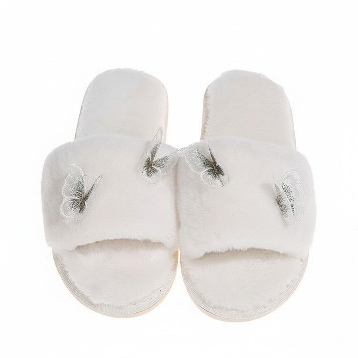 Plush Slide Slippers with Embroidered Butterfly Detail