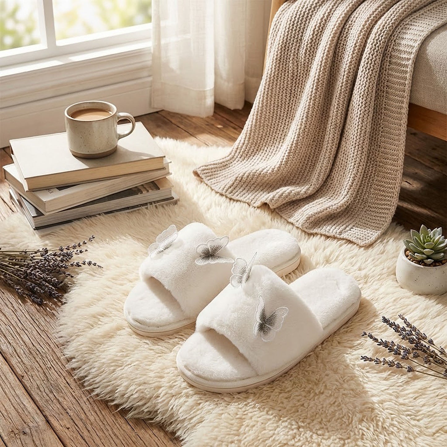 Plush Slide Slippers with Embroidered Butterfly Detail