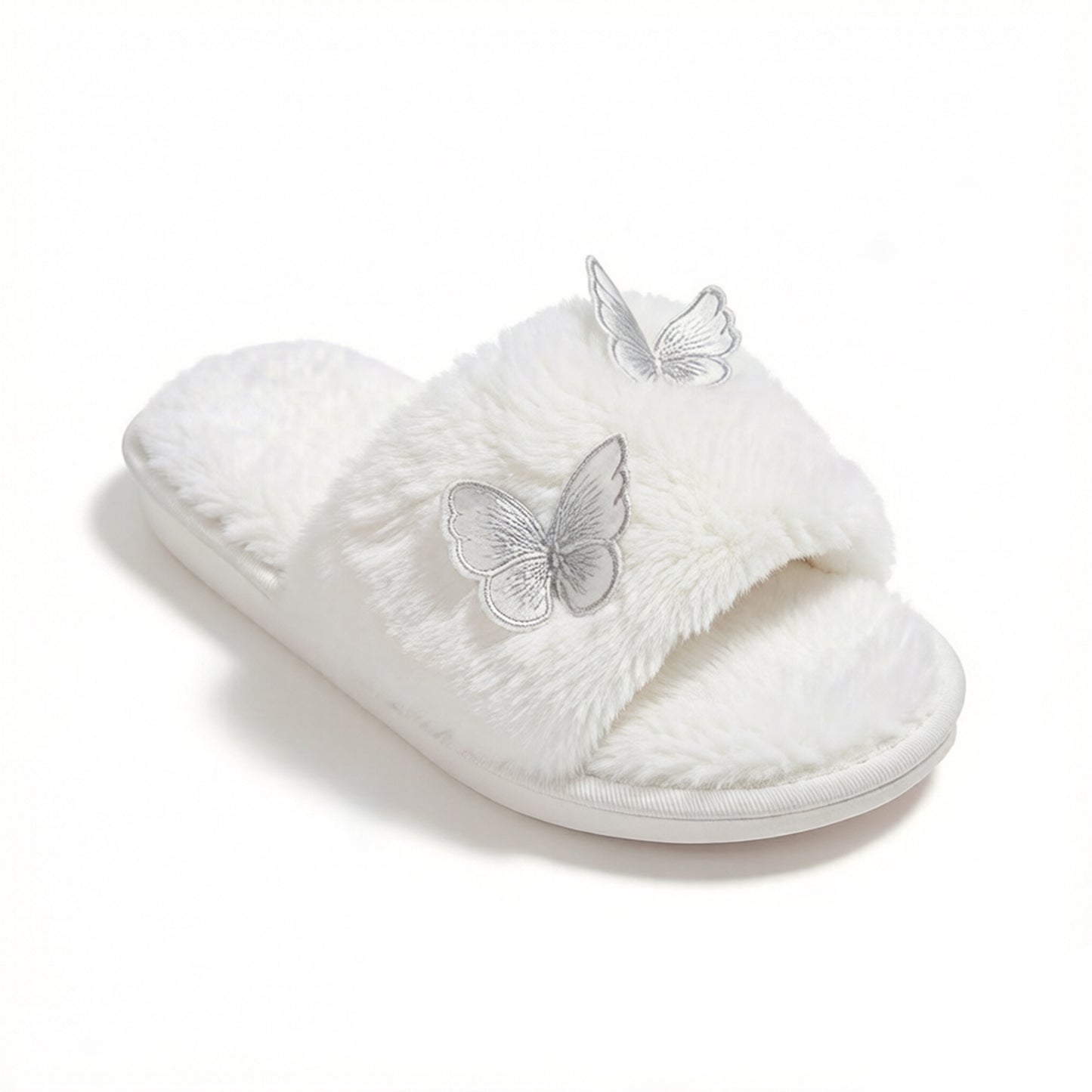 Plush Slide Slippers with Embroidered Butterfly Detail