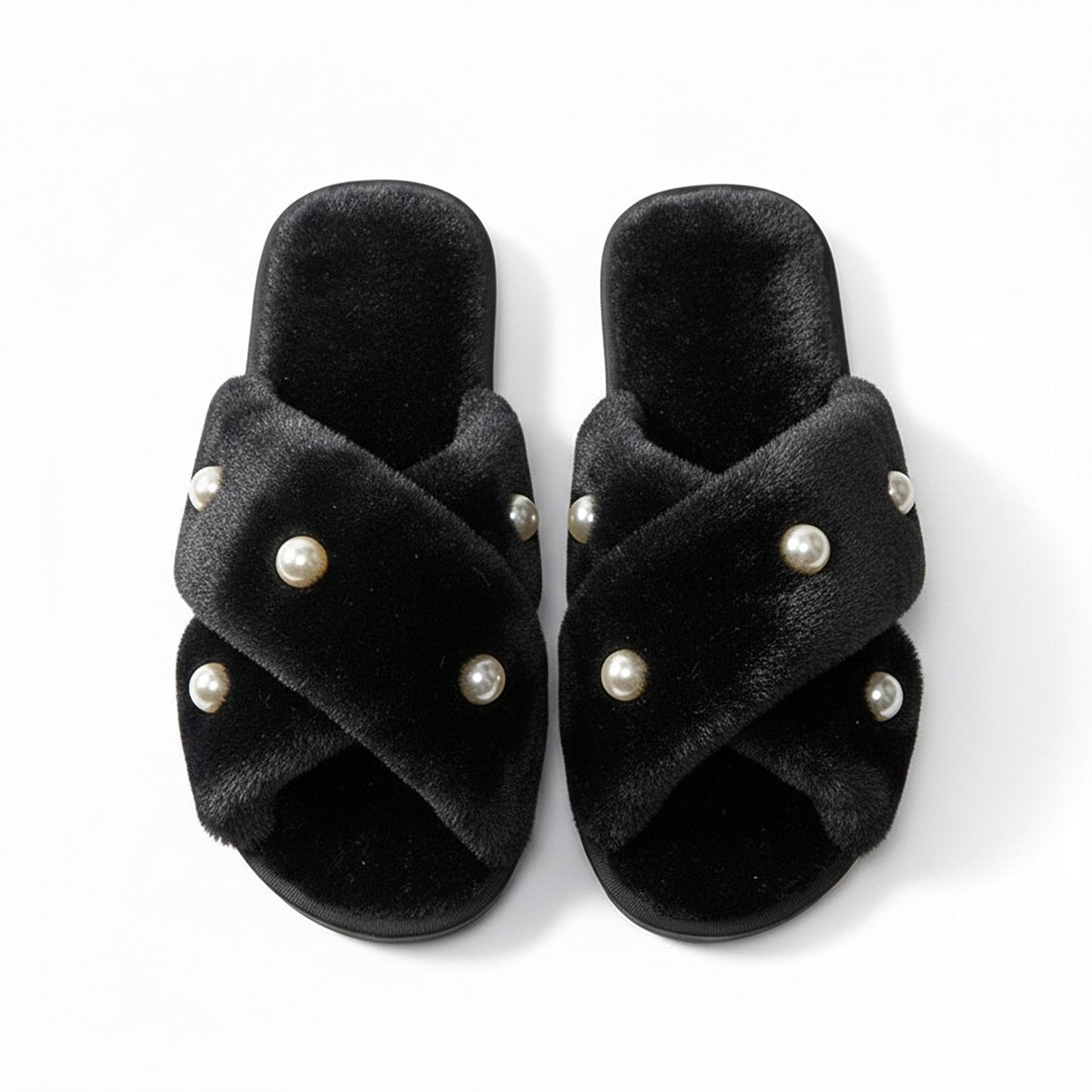 Plush Slide Slippers with Pearl Embellishment Detail