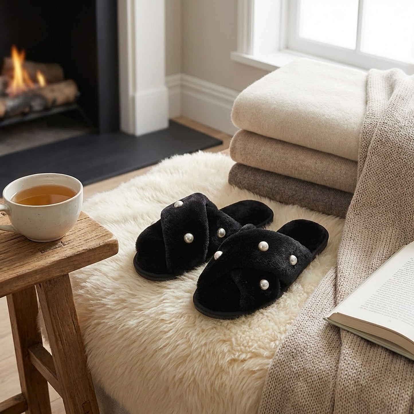 Plush Slide Slippers with Pearl Embellishment Detail