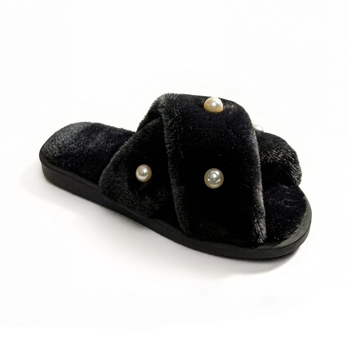 Plush Slide Slippers with Pearl Embellishment Detail