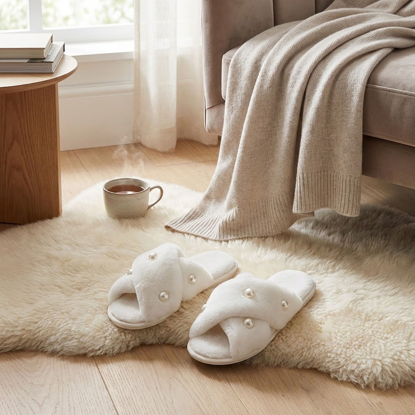 Plush Slide Slippers with Pearl Embellishment Detail