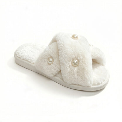 Plush Slide Slippers with Pearl Embellishment Detail