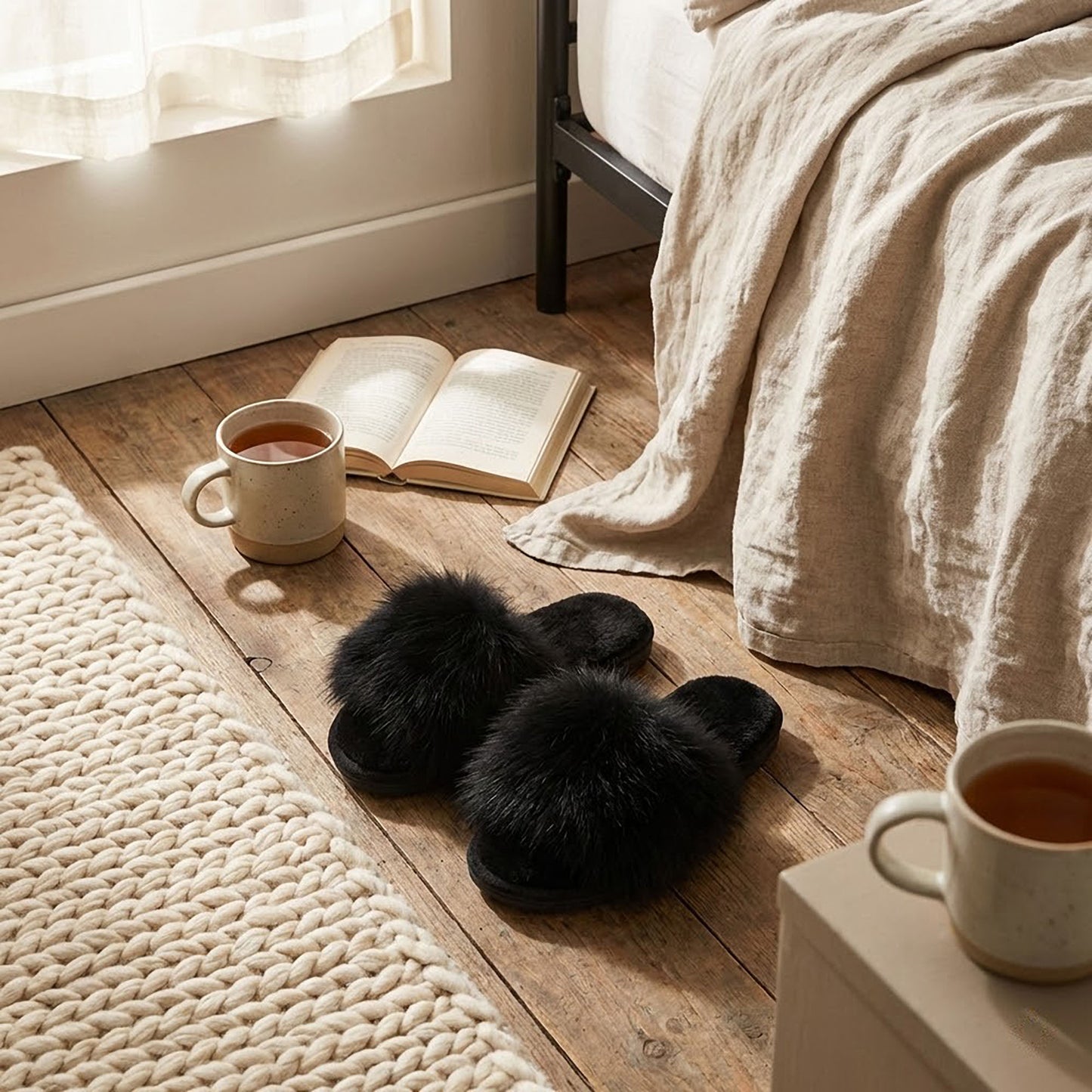 Plush Faux Fur Slide Slippers with Fluffy Strap
