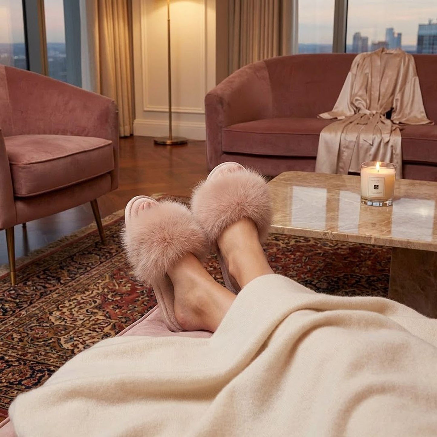 Plush Faux Fur Slide Slippers with Fluffy Strap