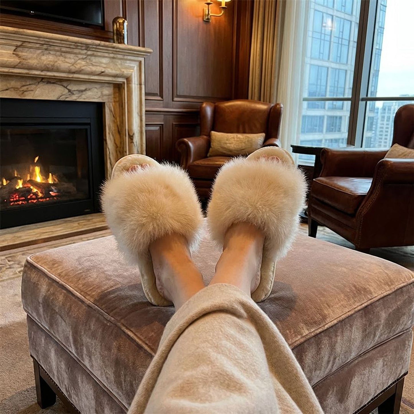 Plush Faux Fur Slide Slippers with Fluffy Strap