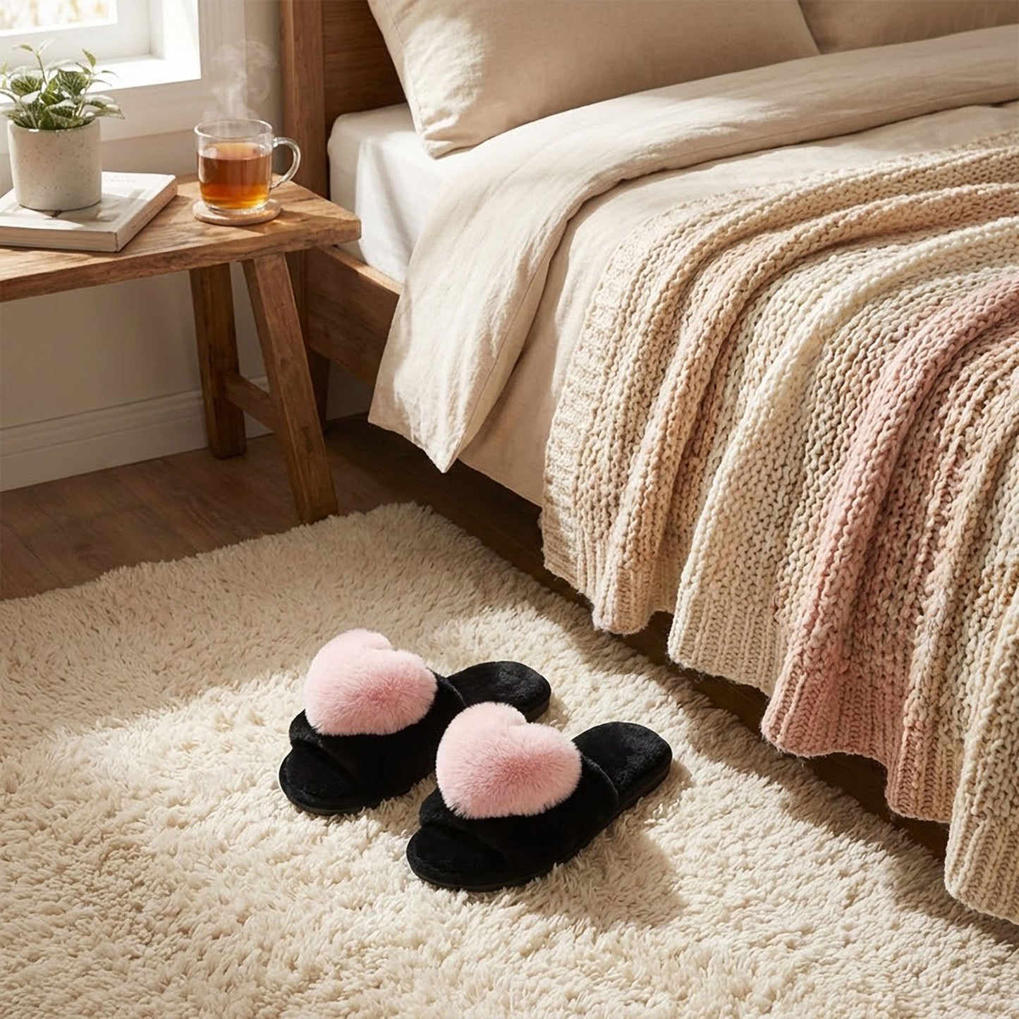 Plush Slide Slippers with Faux Fur Pom Detail