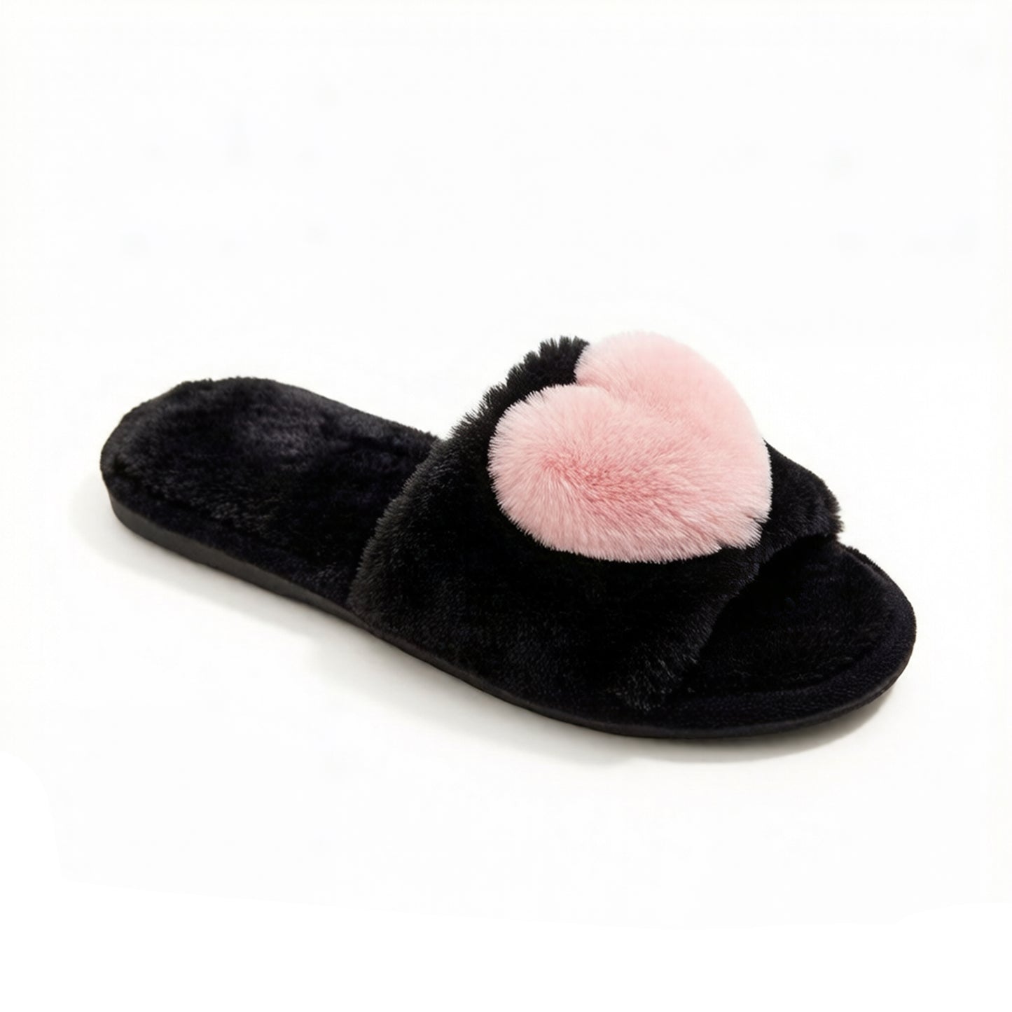 Plush Slide Slippers with Faux Fur Pom Detail