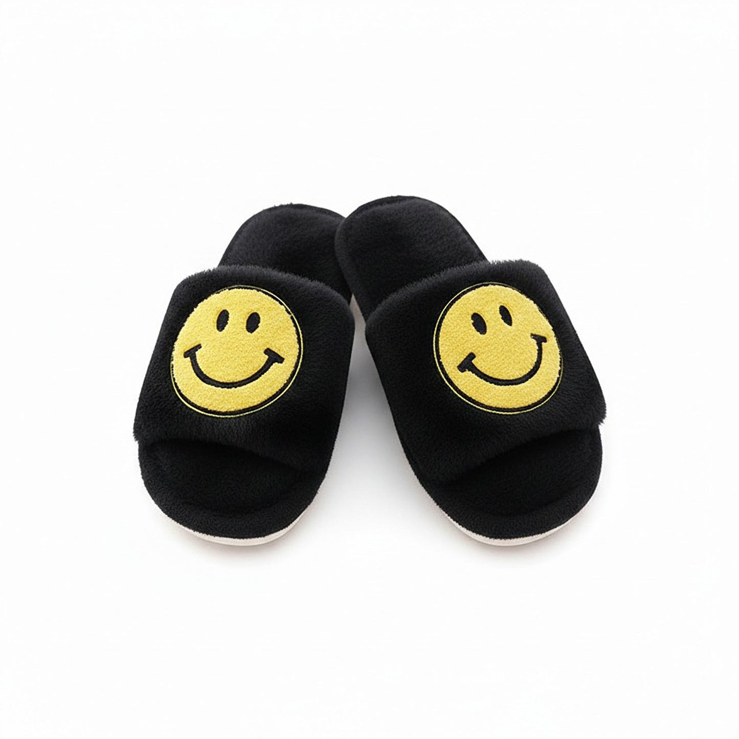 Plush Slide Slippers with Smiley Graphic Detail