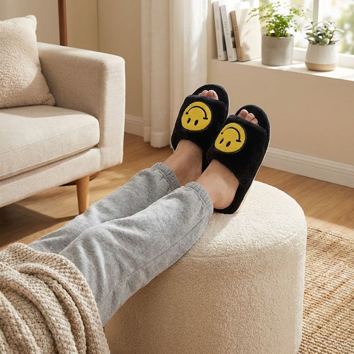 Plush Slide Slippers with Smiley Graphic Detail