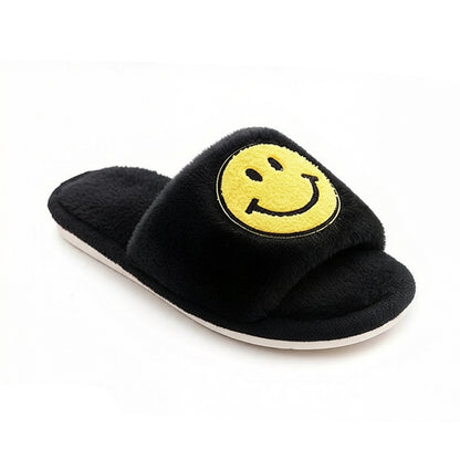 Plush Slide Slippers with Smiley Graphic Detail