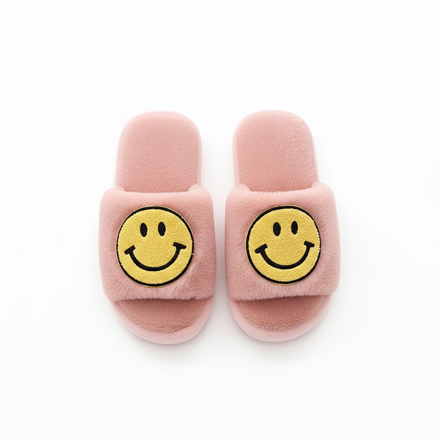 Plush Slide Slippers with Smiley Graphic Detail