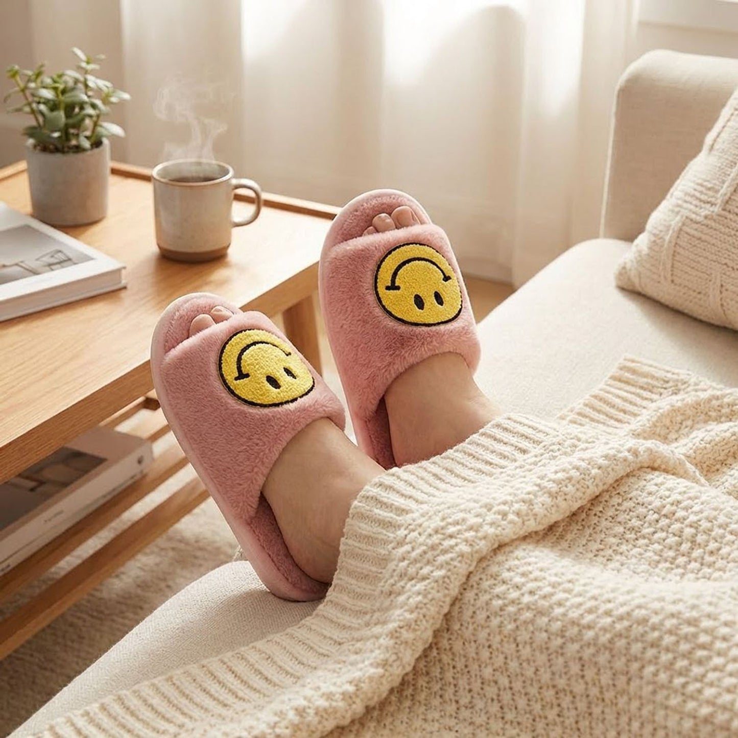 Plush Slide Slippers with Smiley Graphic Detail