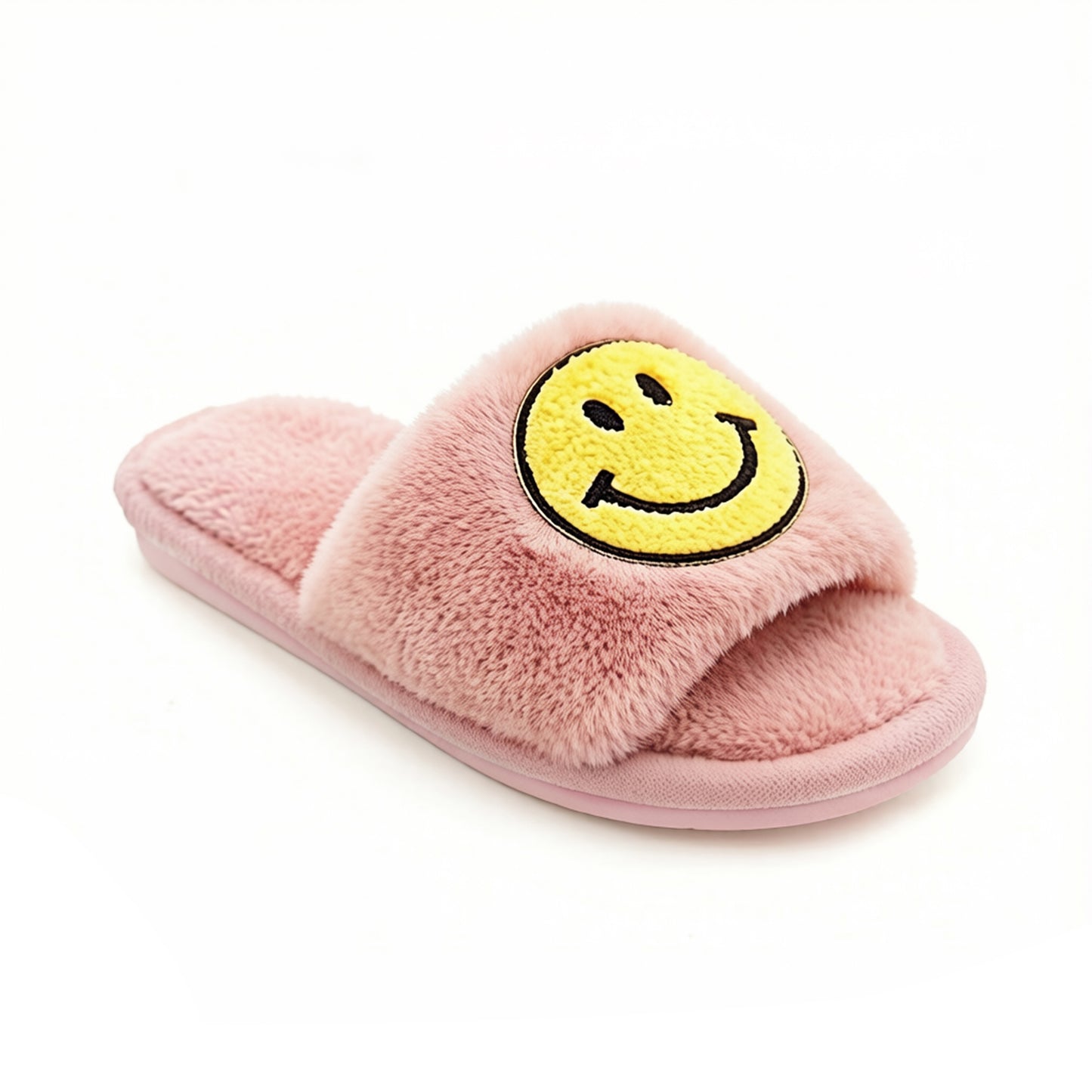 Plush Slide Slippers with Smiley Graphic Detail