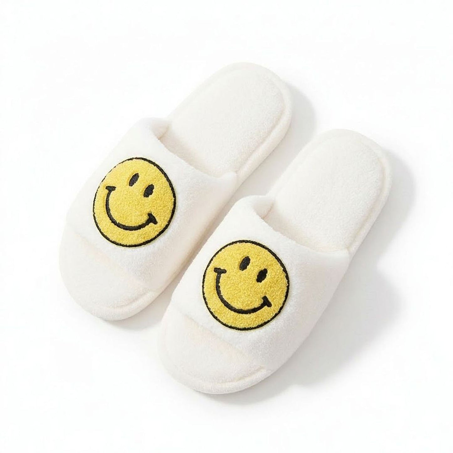 Plush Slide Slippers with Smiley Graphic Detail
