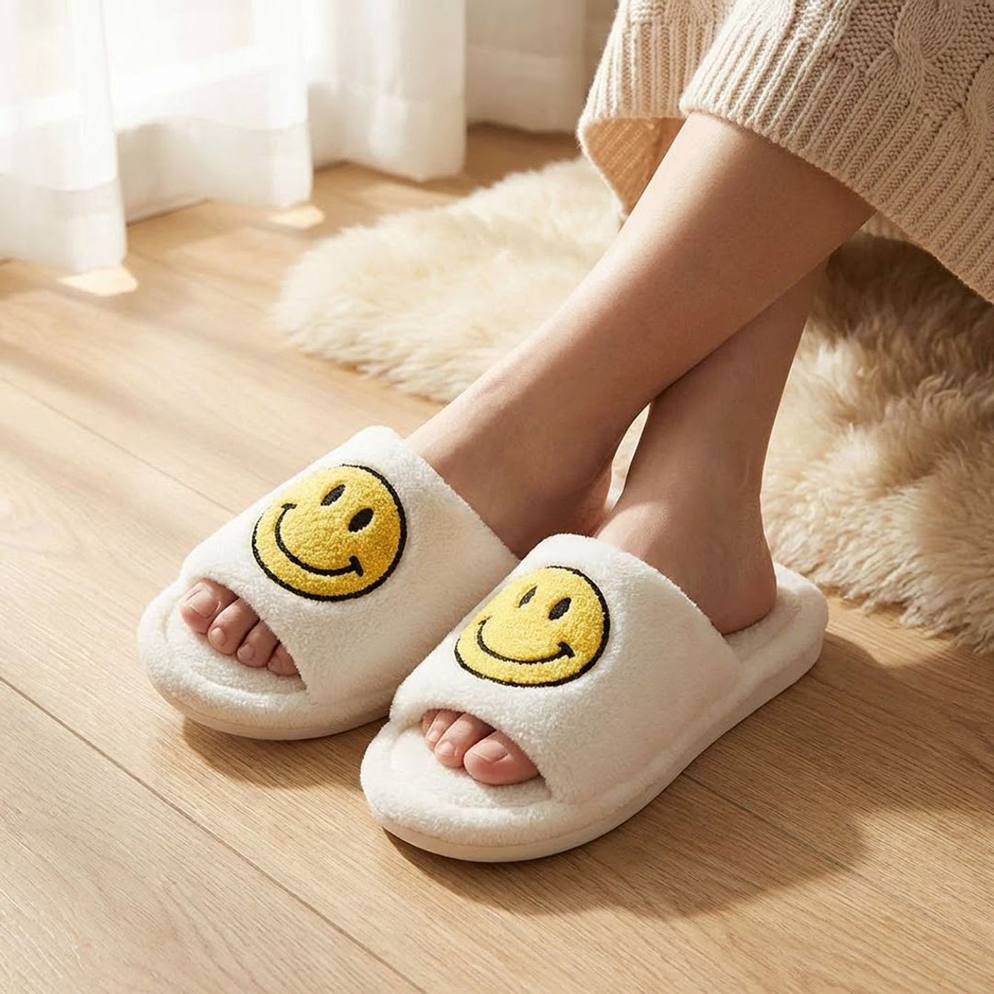 Plush Slide Slippers with Smiley Graphic Detail