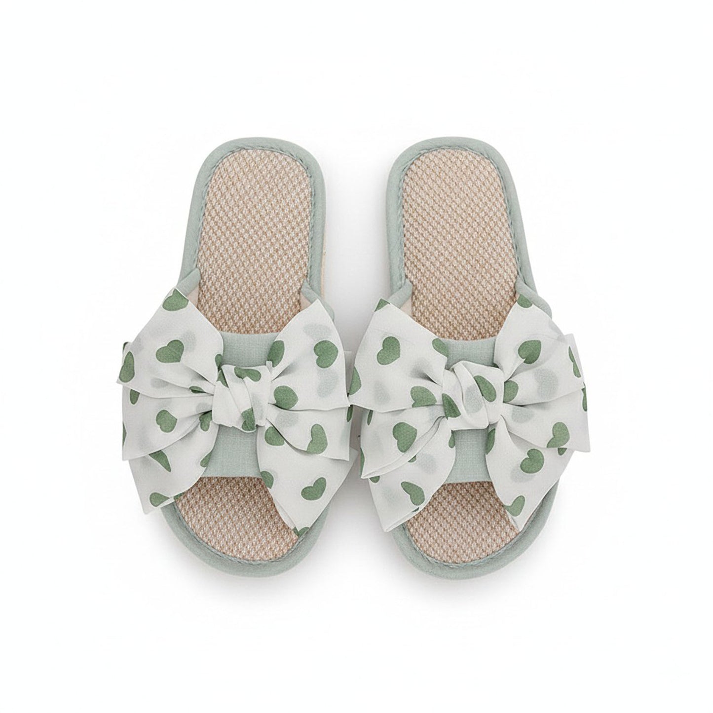 Indoor Slide Slippers with Heart Print Bow Detail